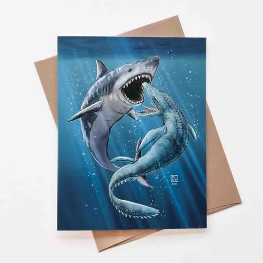 Megalodon vs Mosasaurus Note Card, Wholesale 6 Pack