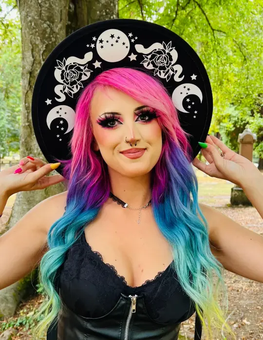 Floral Snake Moon Phase Vegan Felt Flat Top XL Hat