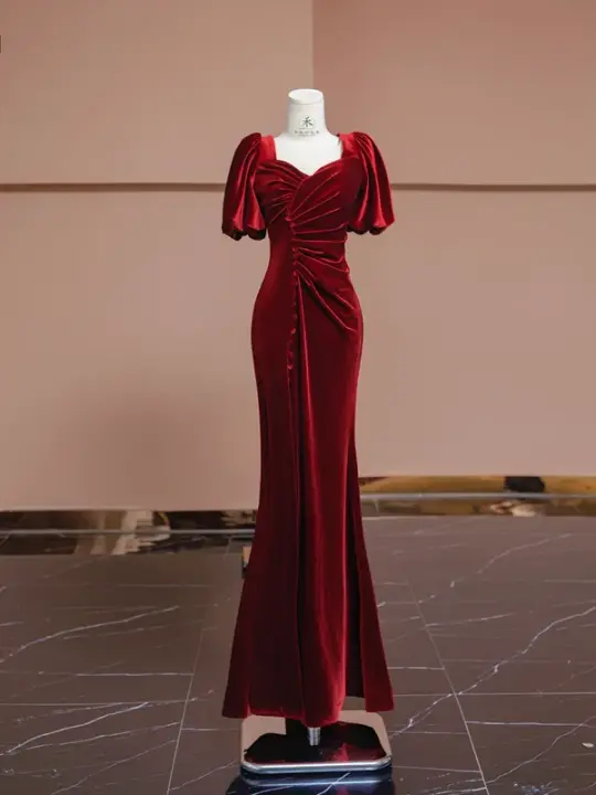 Deep red square neckline fitted waist long ball gown, bridal dress R8313