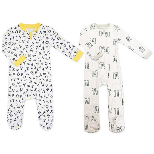 Baby Mode Baby Boys and Baby Girls 2 Pack Zippered Footies, ABCs and Made with Love, 6-9M