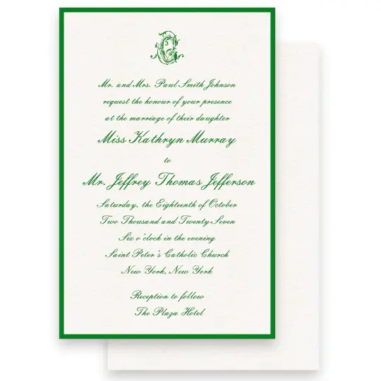 Green Border Monogram with Floral Watercolor Trellis Empire Script Wedding Invitation