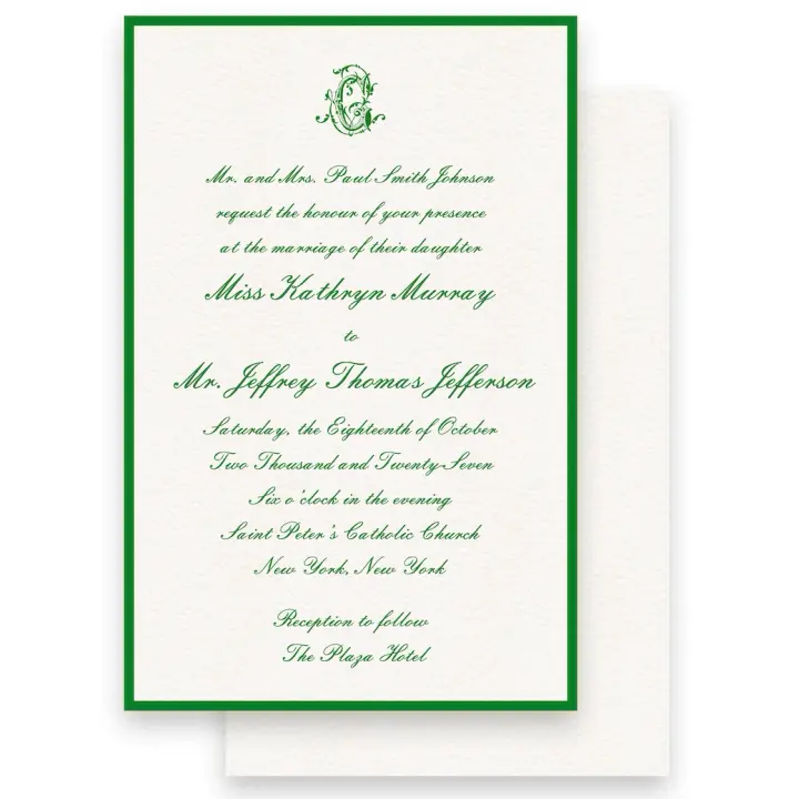 Green Border Monogram with Floral Watercolor Trellis Empire Script Wedding Invitation