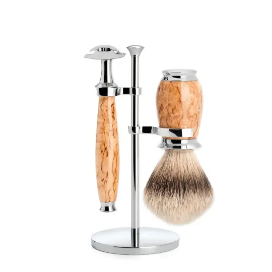 MÜHLE PURIST 3 Pc Shaving Set, Silvertip Badger Brush & Safety Razor, Karelian Masur Birch