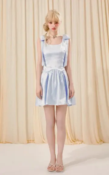 Blue embossed rose flower pleated waist bow dress R5249