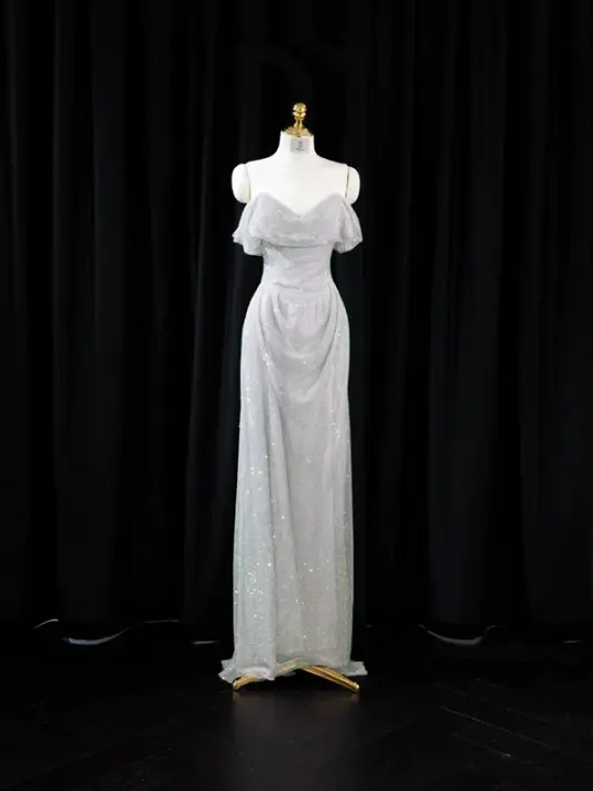 Silver off-the-shoulder halter-neck fitted long ball gown, bridal dress R8951