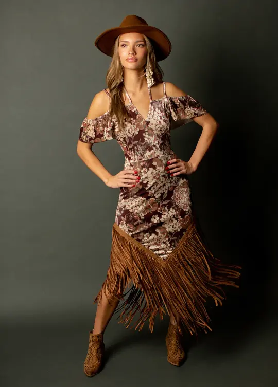 Klara Fringe Dress in Burgundy Floral