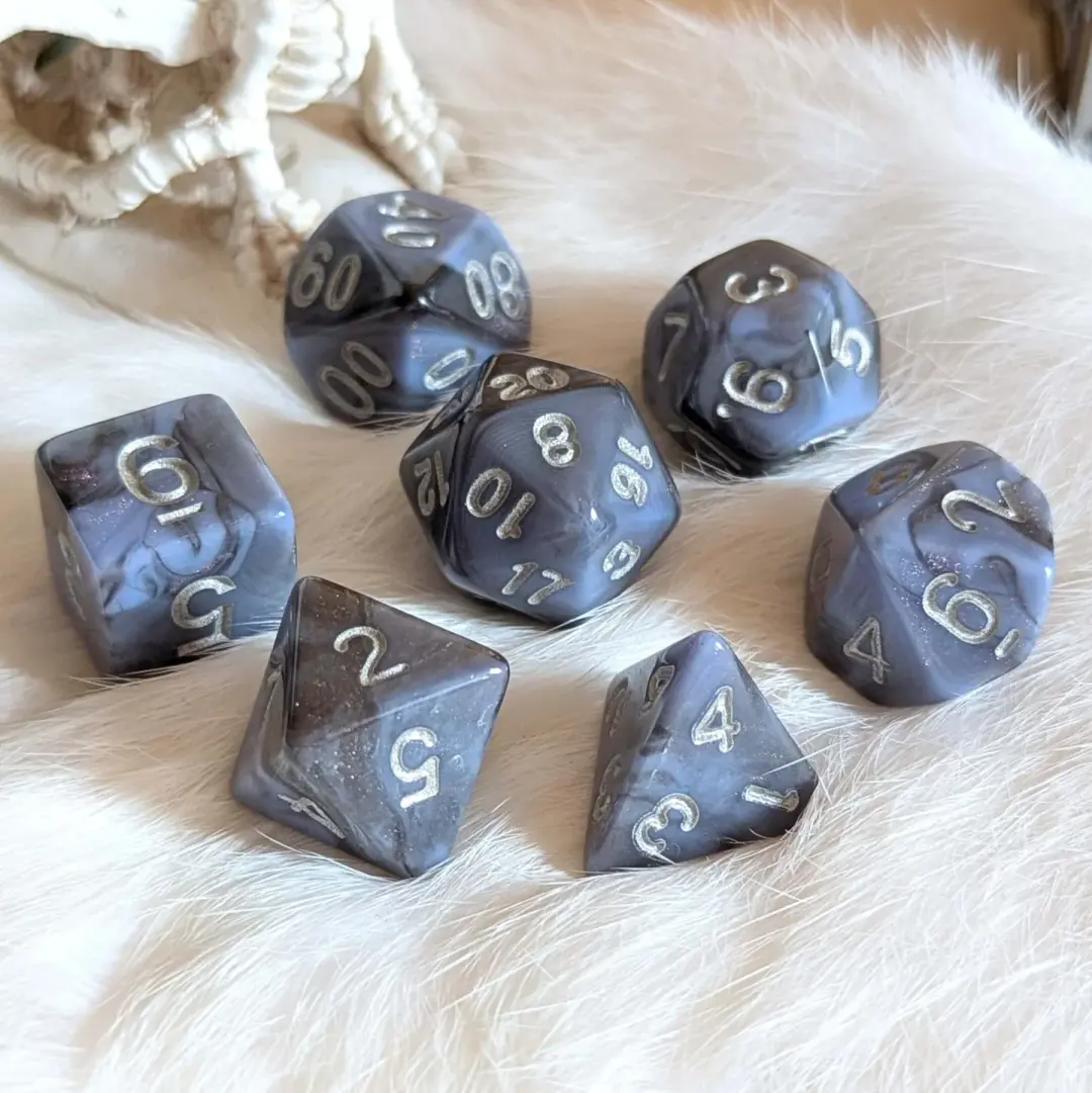 Moonlit Mirage Dice Set – 7-Piece Grey Blue Marbled Pink Glitter DnD Dice