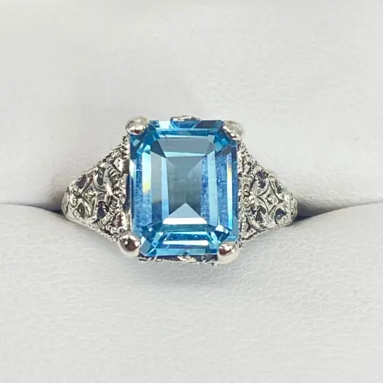 Natural Blue Topaz Ring, Size 7, Rectangle 3ct Gem, Vintage Jewelry #D206 - Ready to Ship