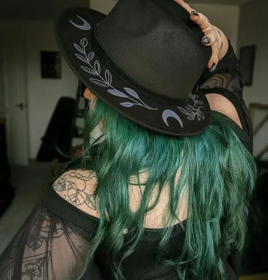 Black Charcoal Fern Moon Vegan Felt Wide Brim Hat