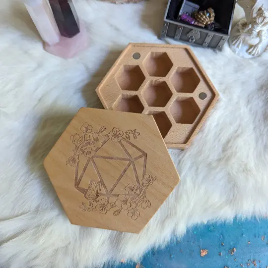 Cherry Blossom Hexagonal Wood Dice Box – Beech Wood 4.2" x 4" Magnetic