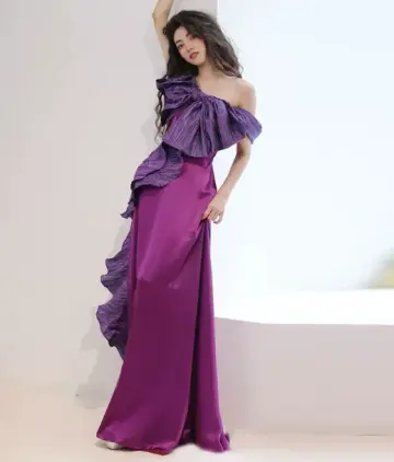 Niche Purple Prom Dress ,Mermaid One-shoulder Satin Corset Maxi Evening Dress RS925
