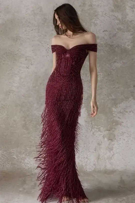 Tassel Decor Bodycon Prom Gown , Burgundy Women's Maxi Evening Dress Ball Gown RS2395