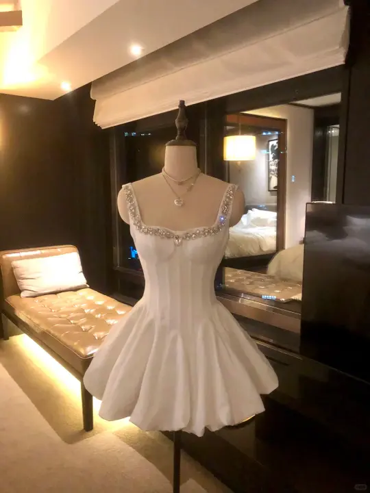 White diamond suspenders slim waist elegant A-line long skirt short skirt homecoming dress R4226