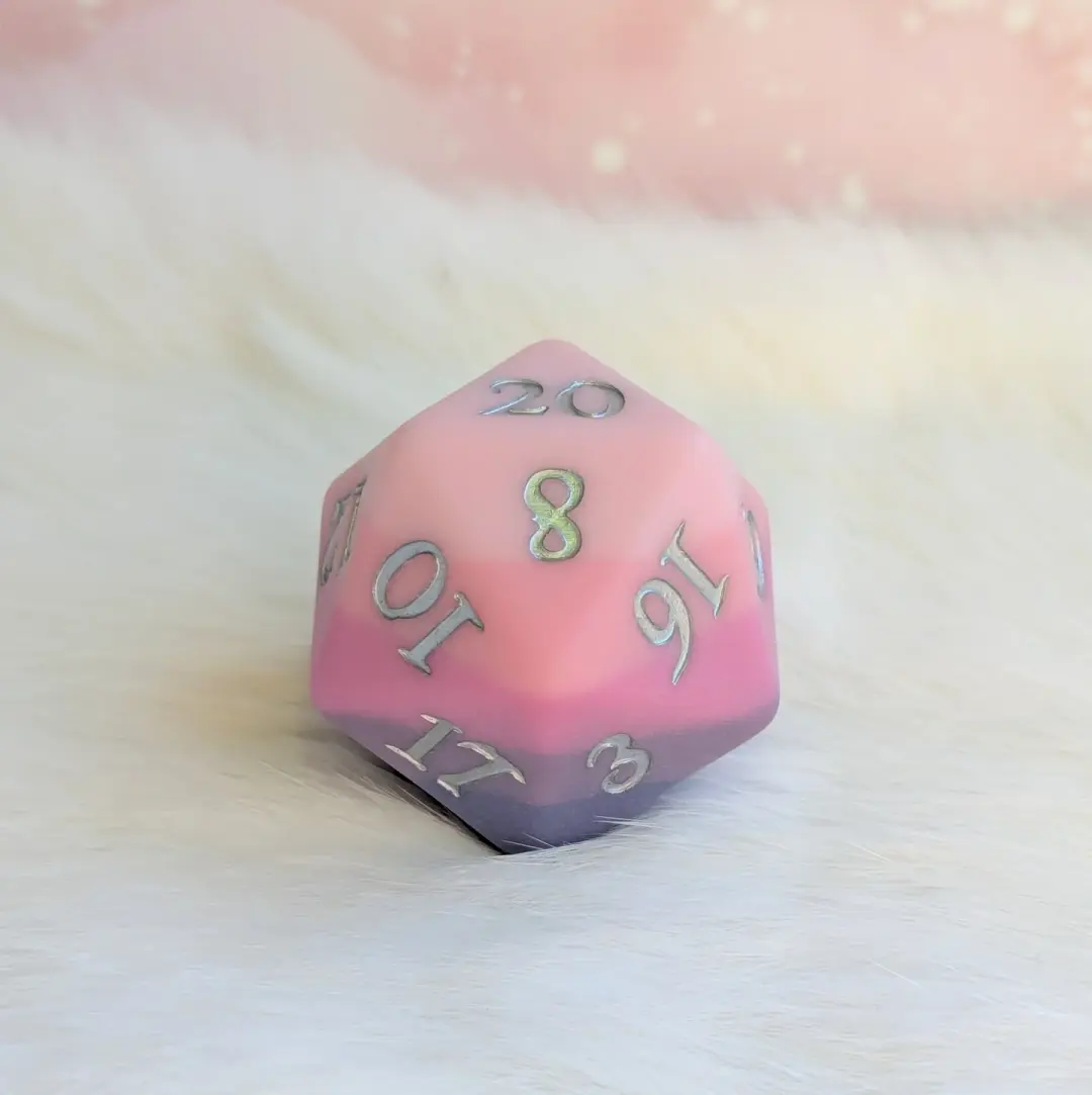 Dreamweaver Large D20 – Oversized Ombre Pink Purple Die for DnD | Fennek & Finch