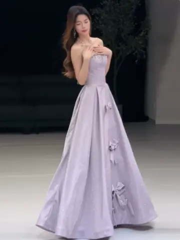 French Chic Purple Beaded A-Line Strapless Bow-knot Corset Maxi Evening Dress Prom Dress RS355