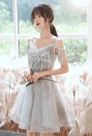 Elegant Sliver A-Line Spaghetti Straps Tassel Corset Mini Prom Dress Homecoming Dress RS442