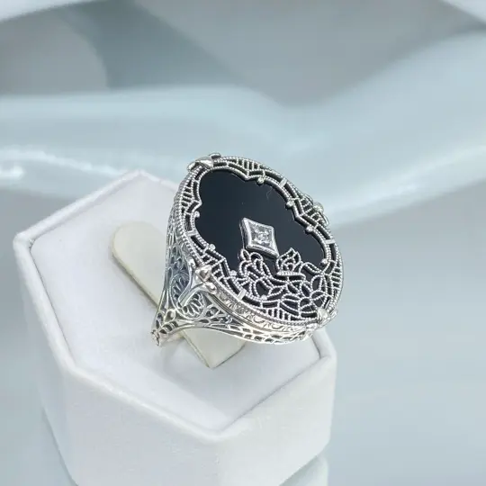 Black Camphor Glass Ring, Size 9, Oval Stained-Glass with inset, Looking Glass #D594 - Ready to Ship