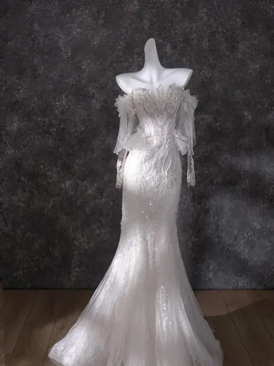 White diamond one-shoulder slim waist hip fishtail dress bridal gown R5830