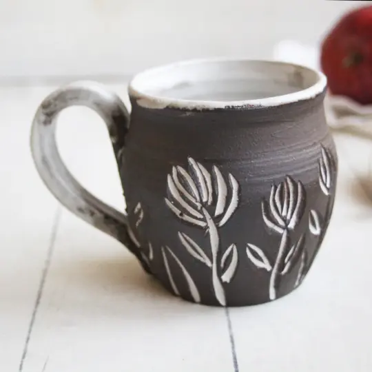 Pottery Mug in Earthy Dark Brown Raw Stoneware Clay, 12 Ounce Coffee Cup, Made in USA