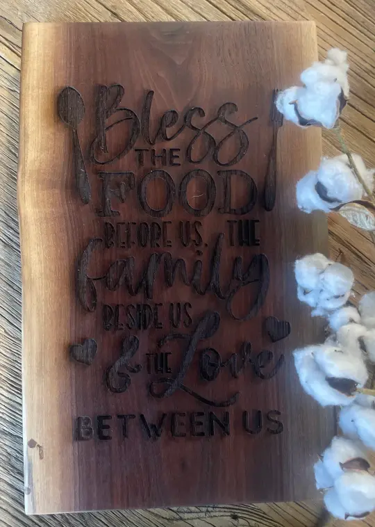 25L021 - Dual Live Edge “Bless The Food” Engraved Walnut Board