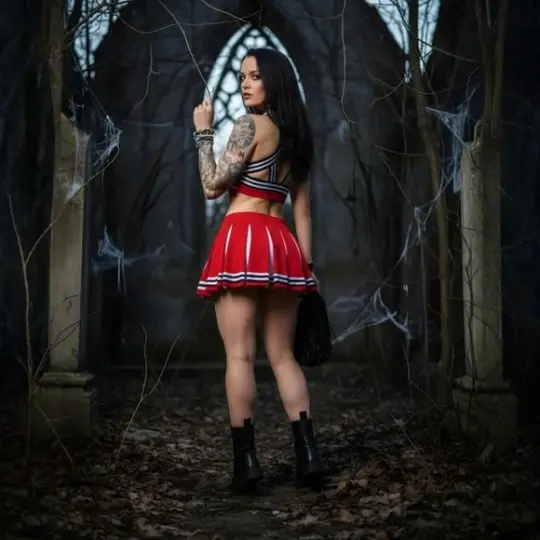Satan’s Cheerleader Costume Set with 666 Top, Pleated Skirt & Pom Poms