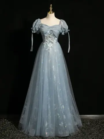 Sparkly Blue Prom Gown , Sequins Elegant Applique Corset Maxi Evening Dress RS1410