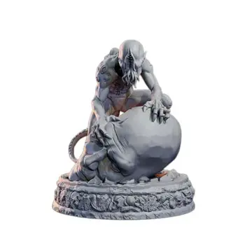 Whisperer in the Walls Aberration Miniature - Unpainted Resin. Terrifying horror monster model on a 25mm base for TTRPGs like D&D or Pathfinder. This faceless, subterranean creature features a vertical mouth, sharp claws, and a long tail, shown crouching on a large stone. Lava Forge collection.