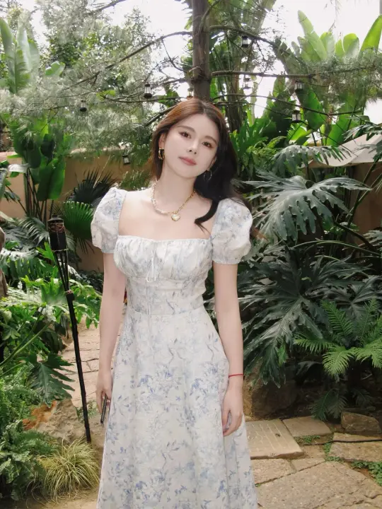 Blue Floral Square Neck Puff Sleeve Midi Dress R9121