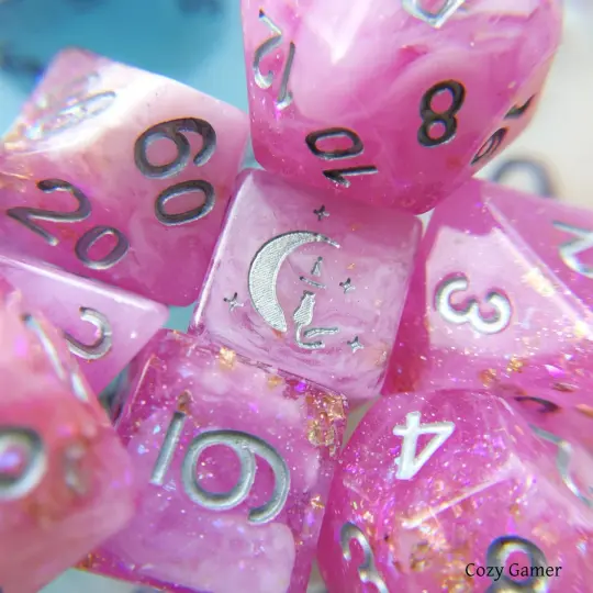 Cherry Blossom 8 Piece Dice Set – Clear Pink White Marble Glitter Foil DnD
