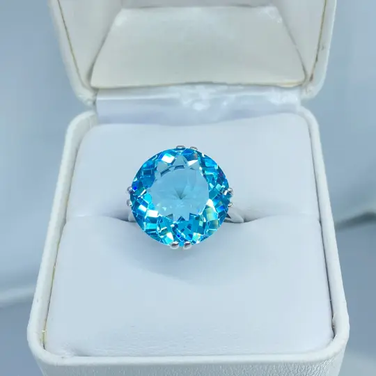 Natural Blue Topaz Ring, Size 11, Round Gem, Silver Fleur de Lis Filigree Victorian Jewelry, D07 - Ready to Ship