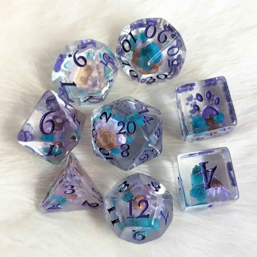 Purple and Blue Flower 8 piece DND dice set