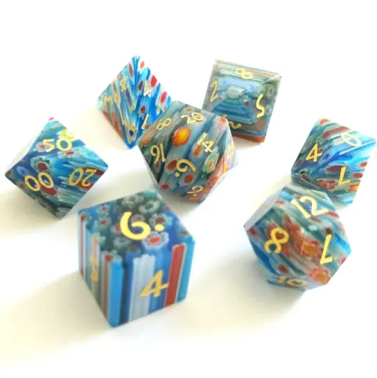 Red Blue Yellow Flower Glass Dice Set – 7-Piece Gemstone Floral DnD
