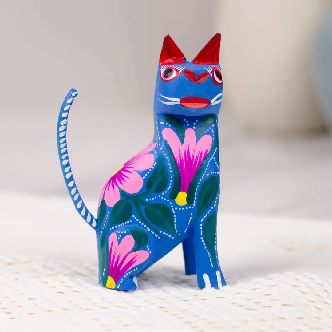 Large Hand Painted Sitting Cat Wooden Figurine