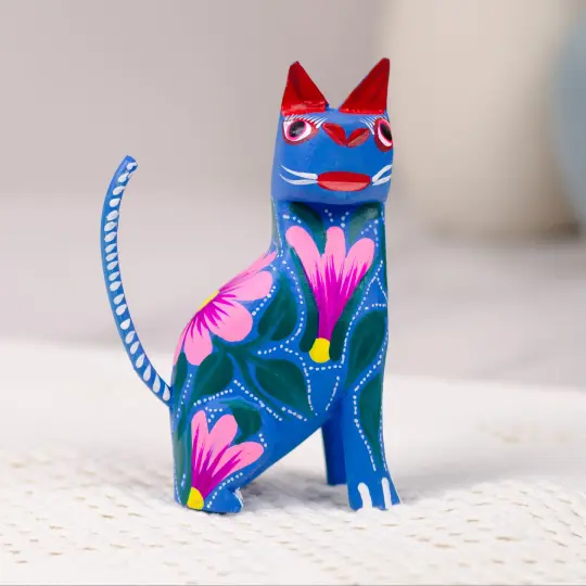 Large Hand Painted Sitting Cat Wooden Figurine