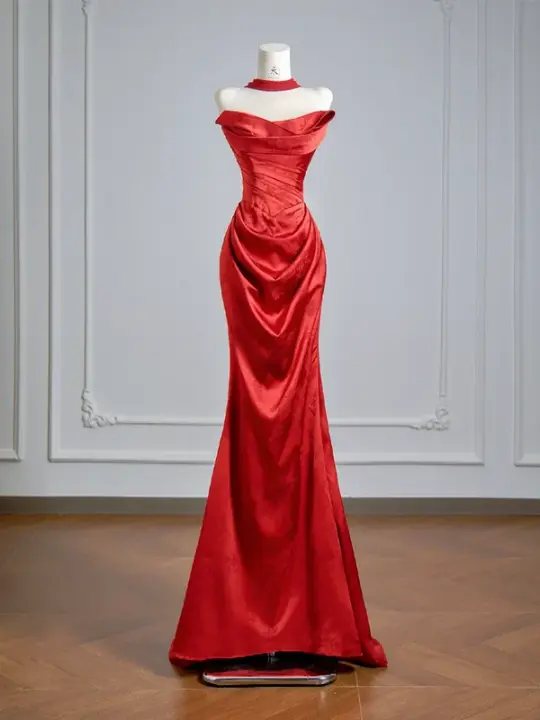 Red strapless satin fitted long ball gown R8148