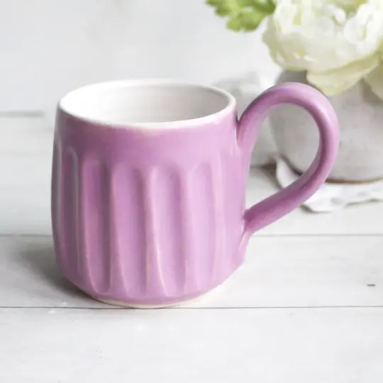 Hand Carved Grooved Pottery Mug in Satin Orchid Glaze, Made in USA