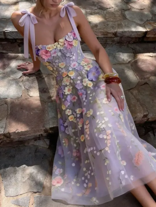Pretty Lavender Prom Dress ,A-Line Spaghetti Straps Floral Elegant Summer Dress RS915