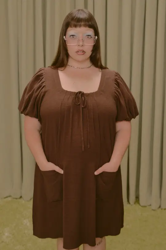 Soft Linen Babydoll Mini Dress Brown