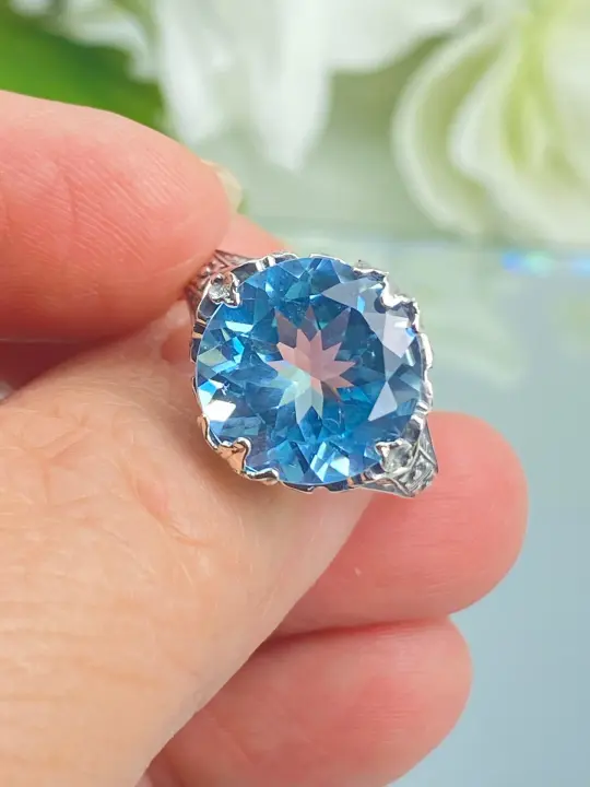 Natural Blue Topaz Ring, Size 6.5, Princess Sterling Silver Filigree Victorian Jewelry #D29 - Ready to Ship