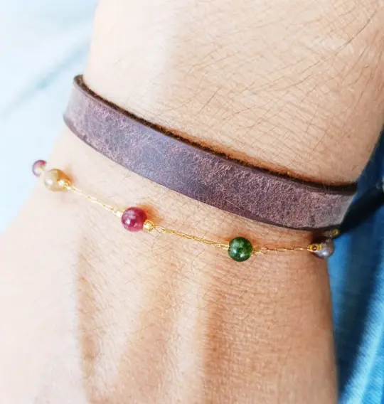 Layered Leather Bracelet Set | Gold Chain Bracelet & Gemstone Anklet