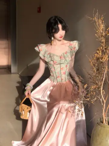 Elegant Splicing Style Floral Prom Dress A-Line Portrait Corset Maxi Birthday Dress RS732