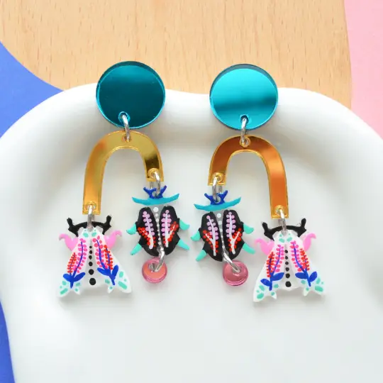 Black and White Moth Bug Earrings with Floral Patterns