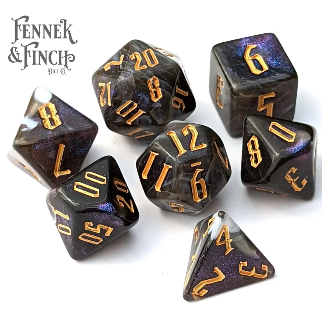 Haunt Dice Set. Marbled Black and Gray Shimmering Dice
