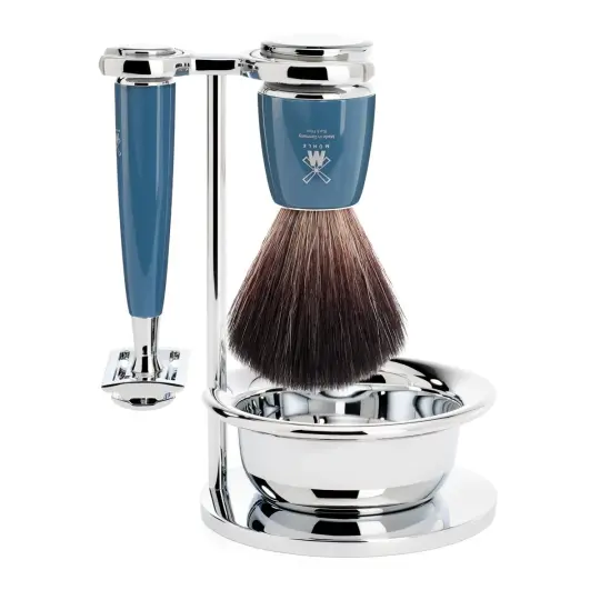 MÜHLE RYTMO 4 Pc. Shaving Set, Black Fibre Brush & Safety Razor, Petrol