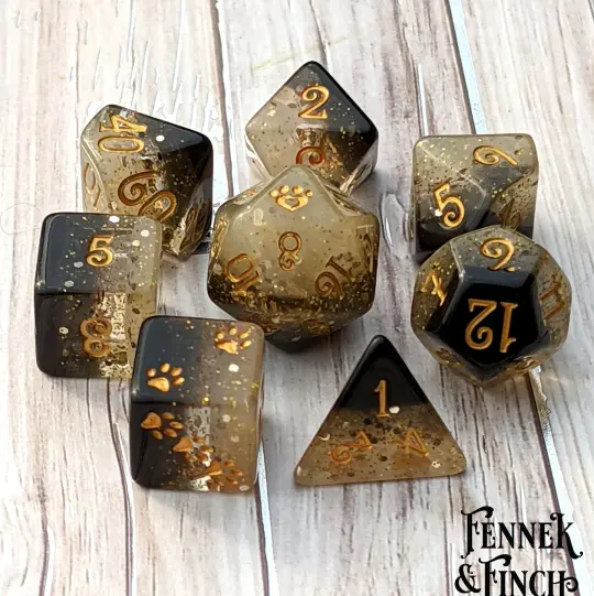 Light and Shadow Dice Set. 8 Piece 4 Layered Black to White with Gold Glitter