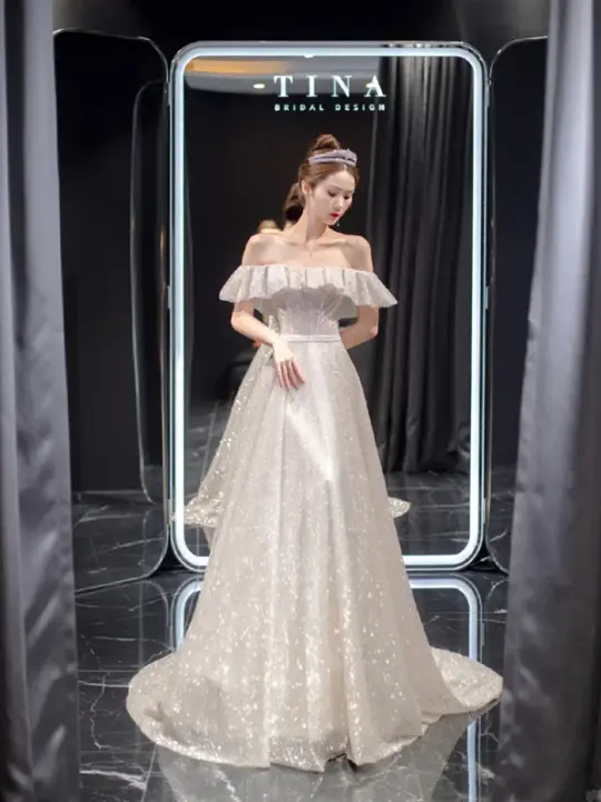White sequined gentle style one shoulder waist slim A-line skirt bridal dress R6019