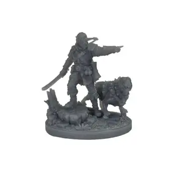 Unpainted 32mm 3D-printed hunter commander pointing, warhound at his side on 40mm base — tabletop RPG miniature for D&D, Pathfinder & wargaming