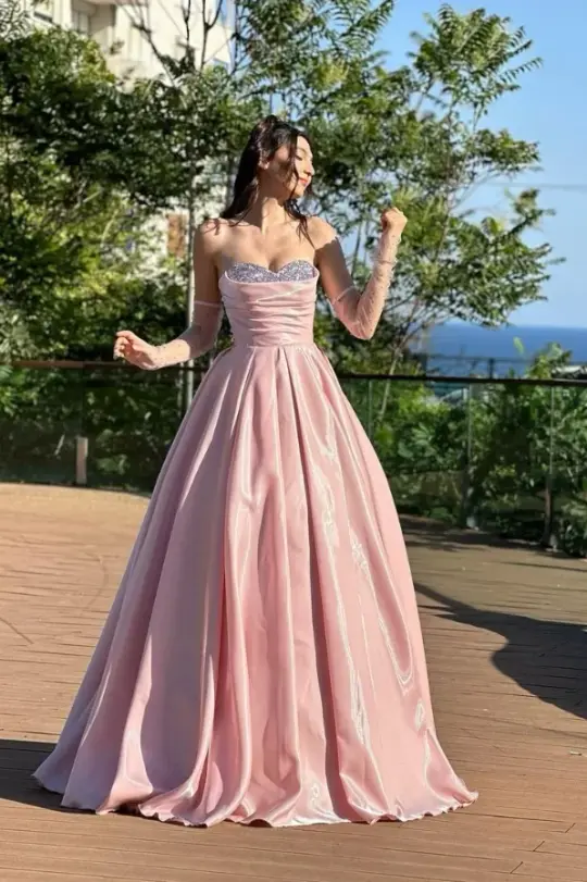Girlish Silky Sweetheart Prom Gown Pink Women's Corset Maxi Birthday Dress Evening Dress RS2936