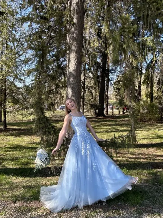 Puffy Tulle Embroidered Women's Prom Gown Pale Blue Waist Fitted Maxi Evening Dress Birthday Dress — Fall Outfit 2026 New  RS3271