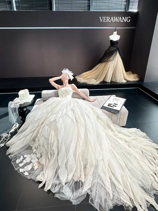 White retro tube top waist puffy skirt long dress bridal dress R6048